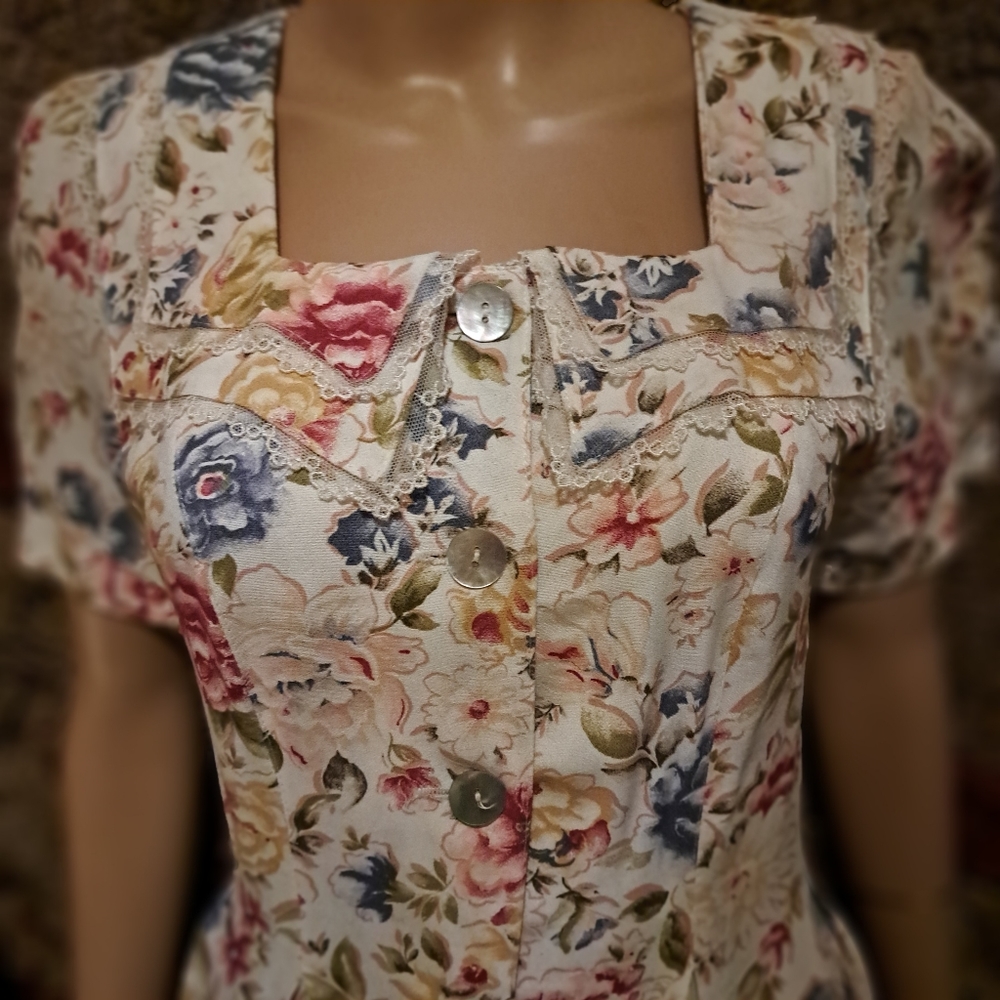 Vtg 90's Atina Karen Crosby  Fitted Floral/ Lace Maxi Dress Sz 4